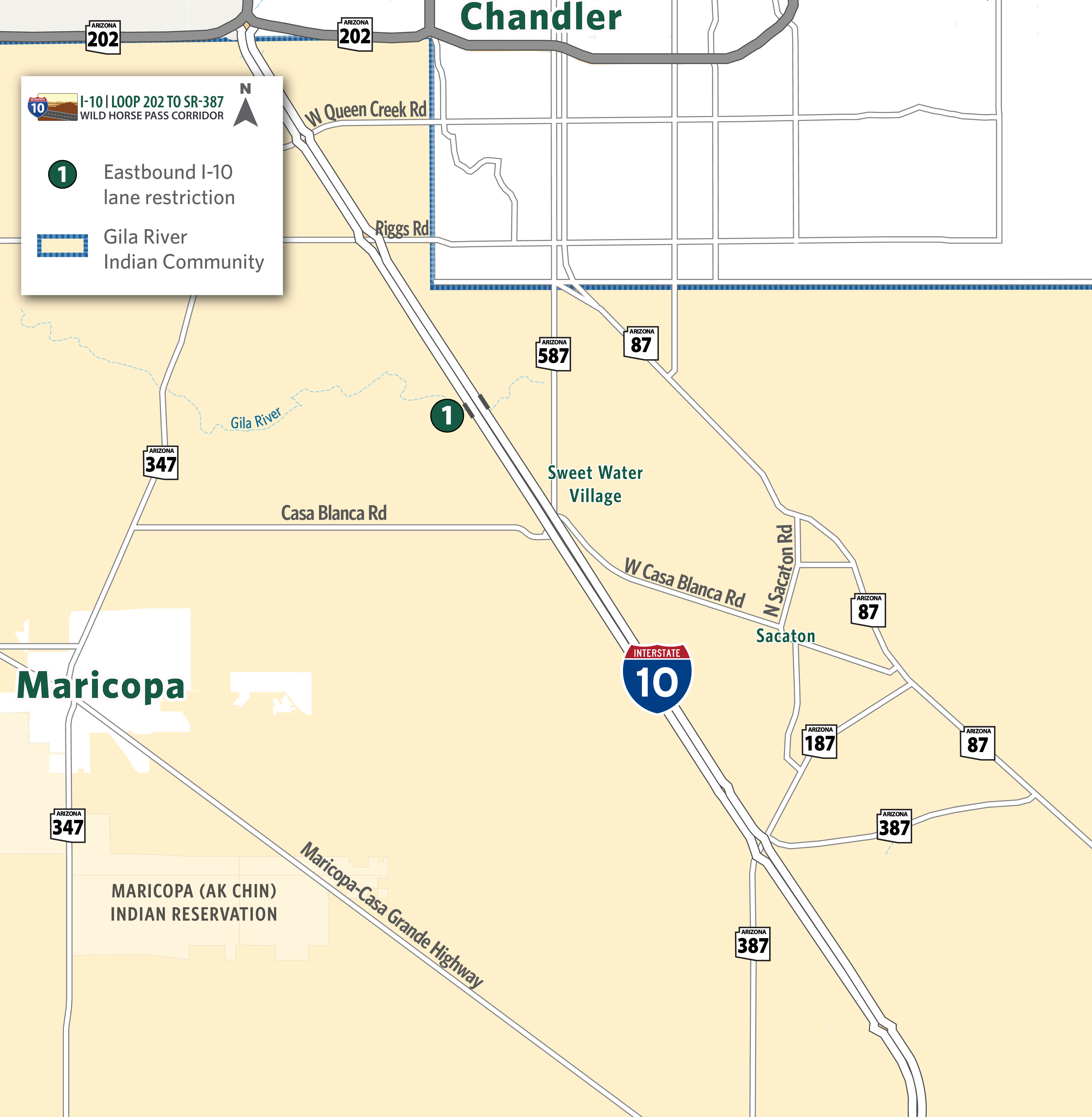 Map of eastbound I-10 lane restriction in the Wild Horse Pass Corridor near the Gila River bridge.