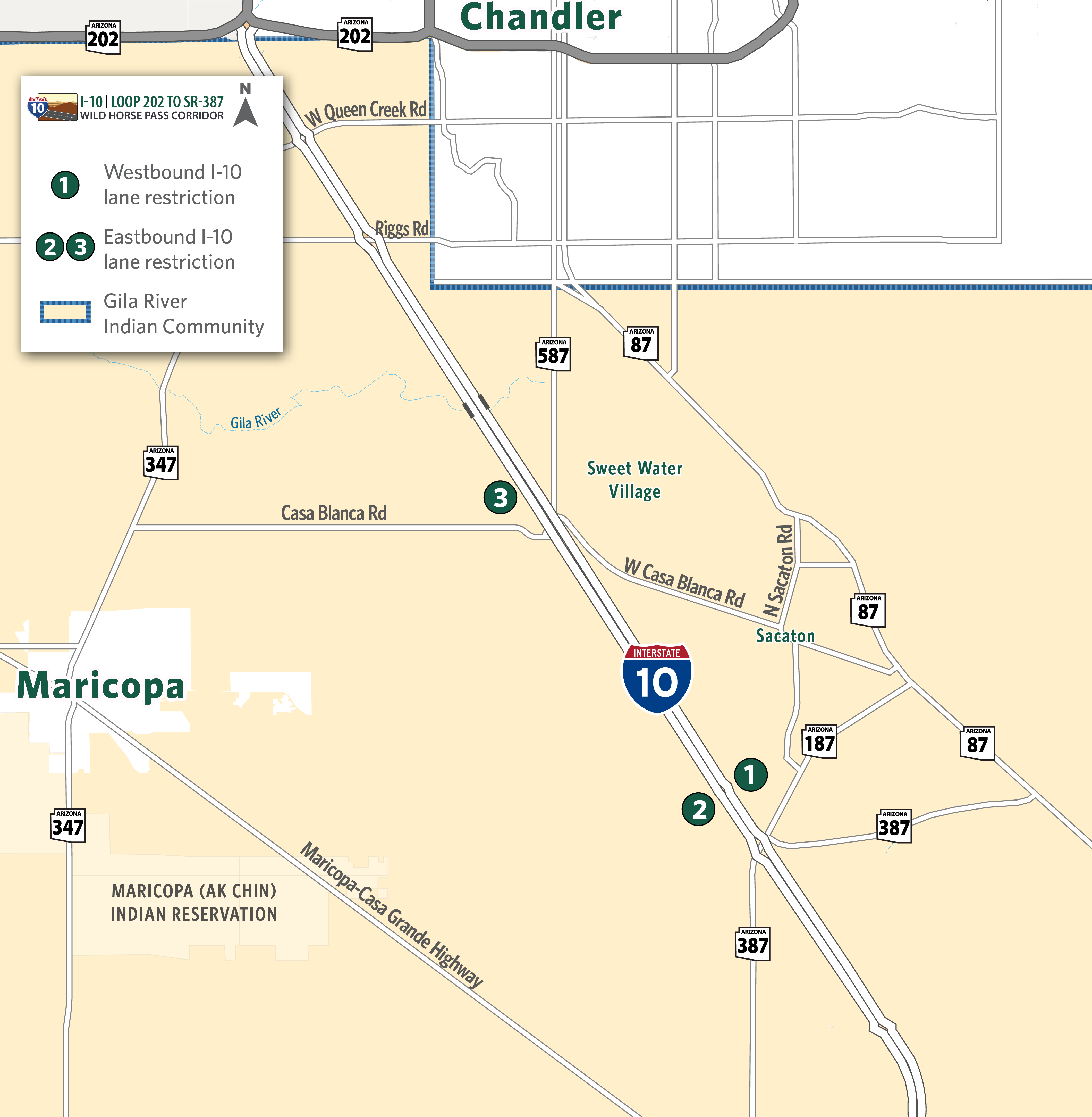 Map identifying I-10 eastbound and westbound lane restrictions between Nelson Road and SR 387.