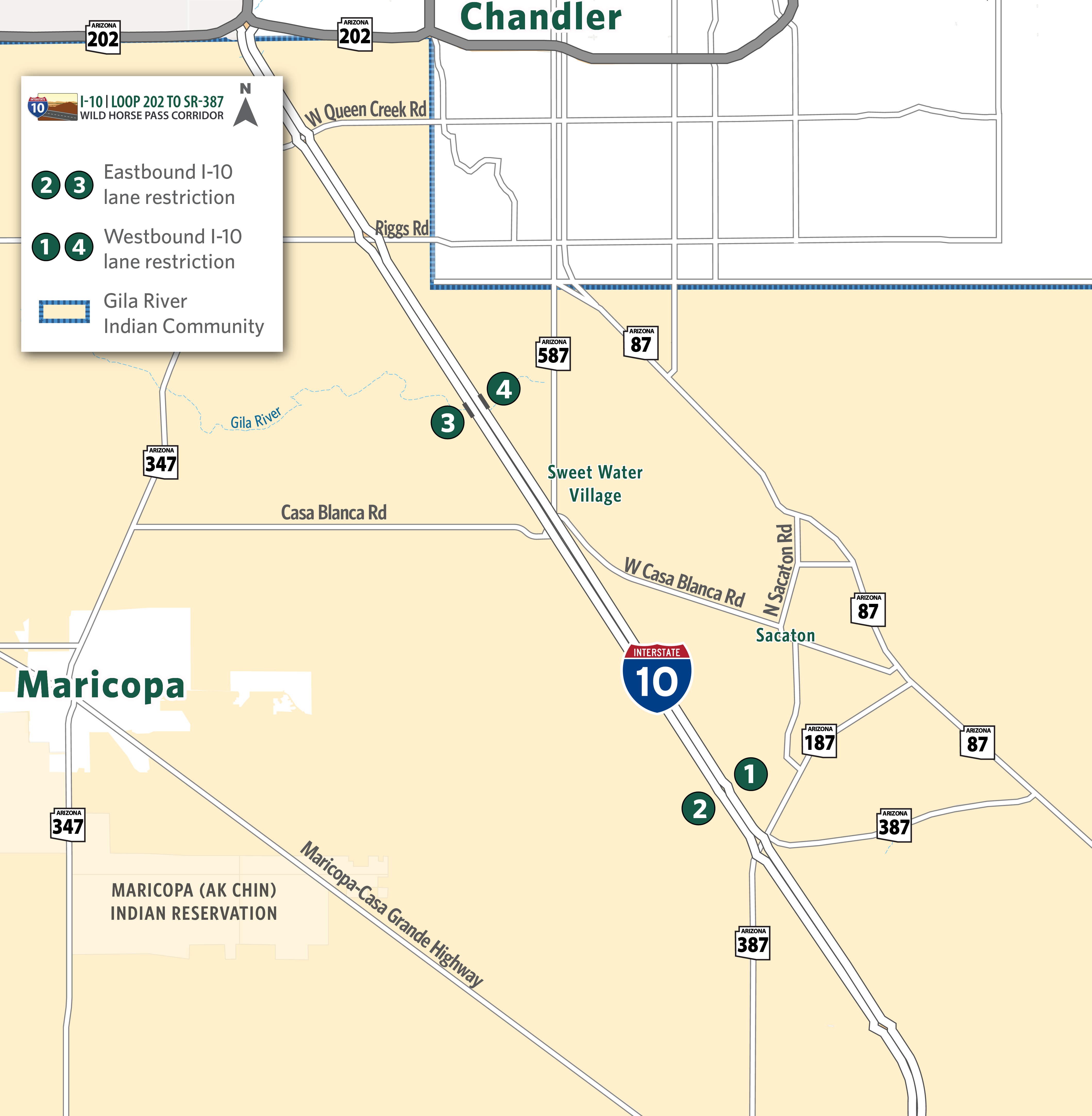 Map identifying I-10 eastbound and westbound lane restrictions from Gila River Bridge to SR 387.