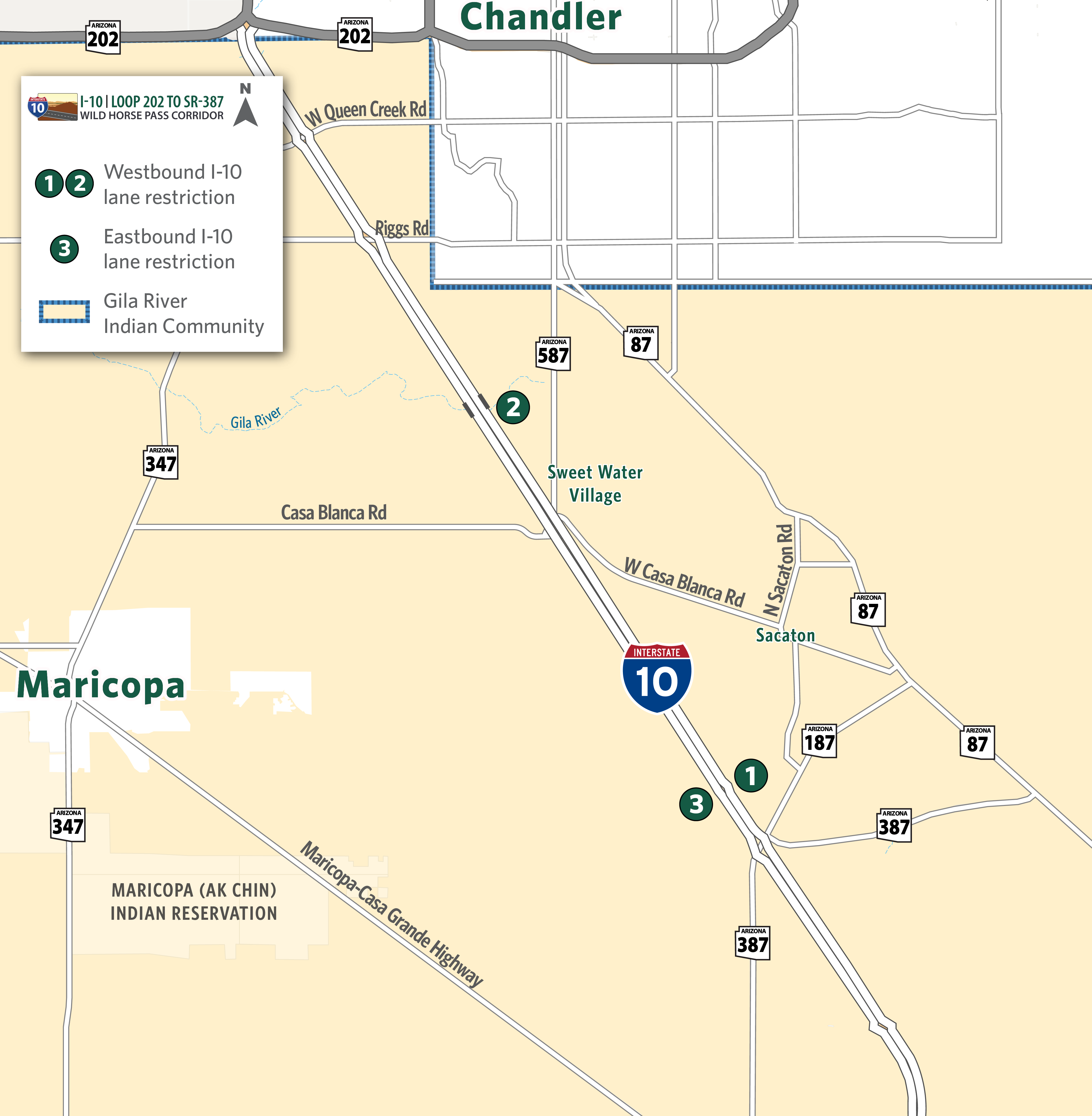 Map identifying I-10 eastbound and westbound restrictions between SR 387 to Gas Line Road and westbound restriction near Gila River Bridge.