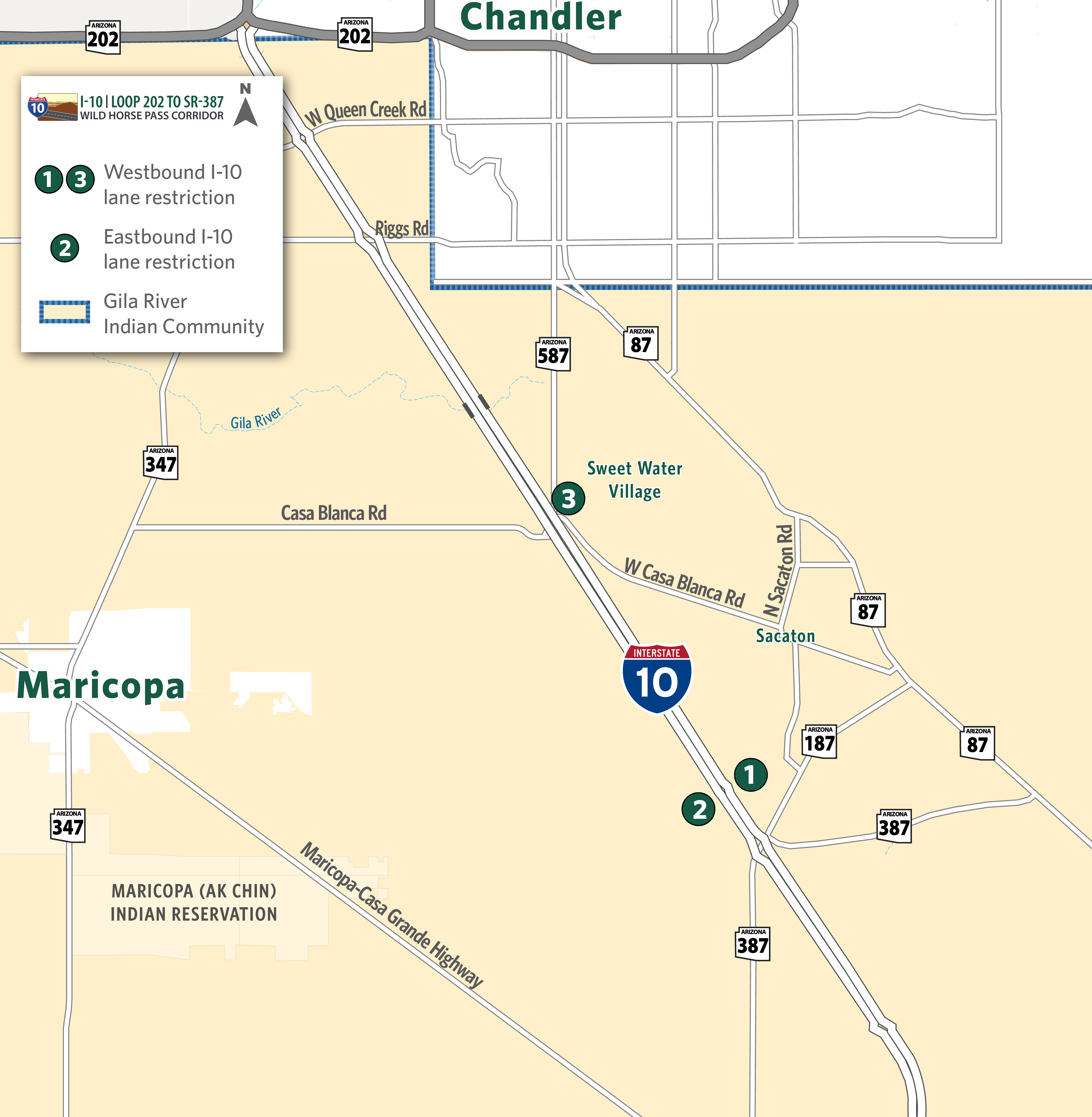 Map identifying I-10 eastbound and westbound lane restrictions between Casa Blanca Road and SR 387.