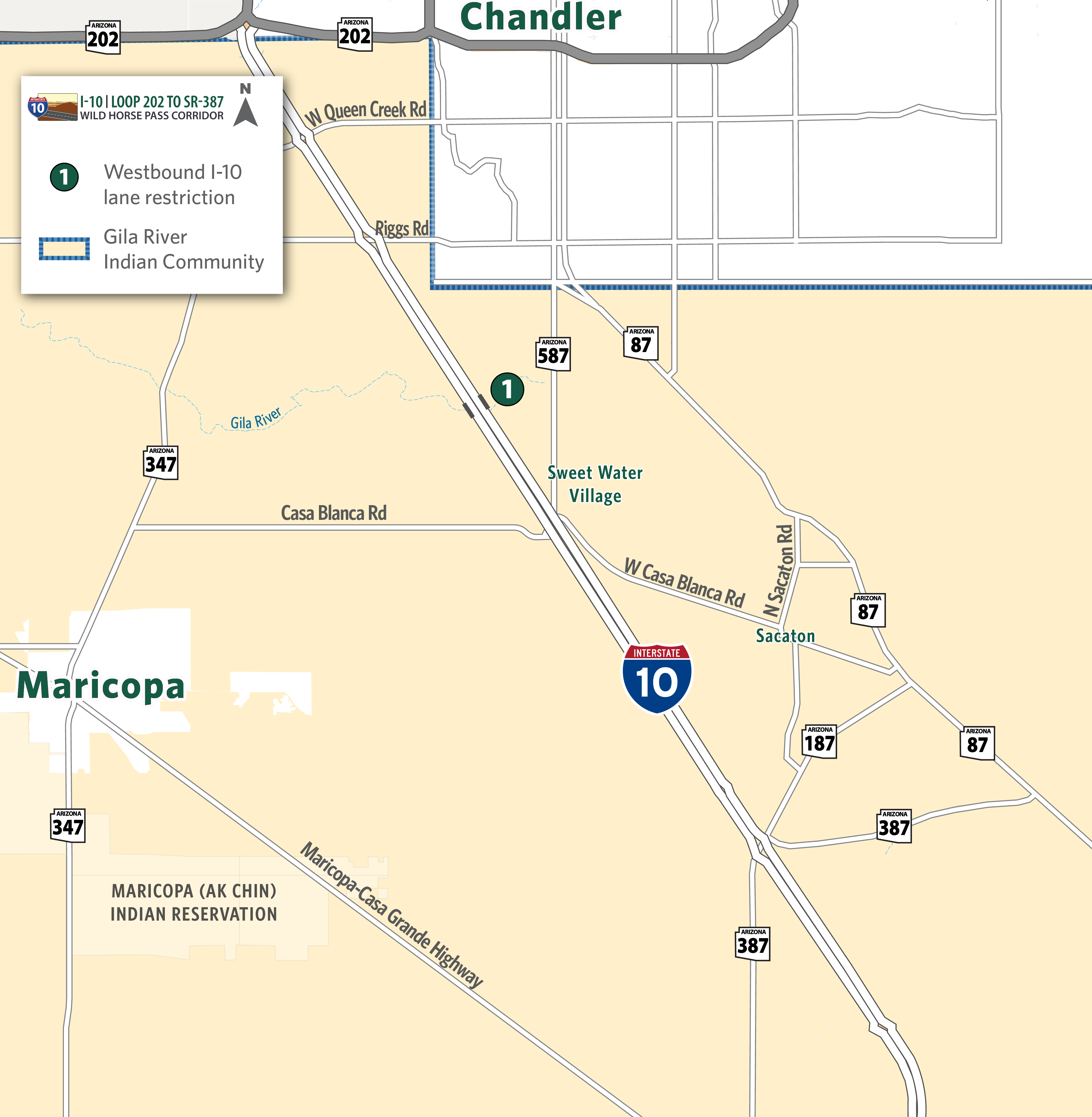 Map of westbound I-10 detour in the Wild Horse Pass Corridor near Gila River bridge (Mile Post 173-171)