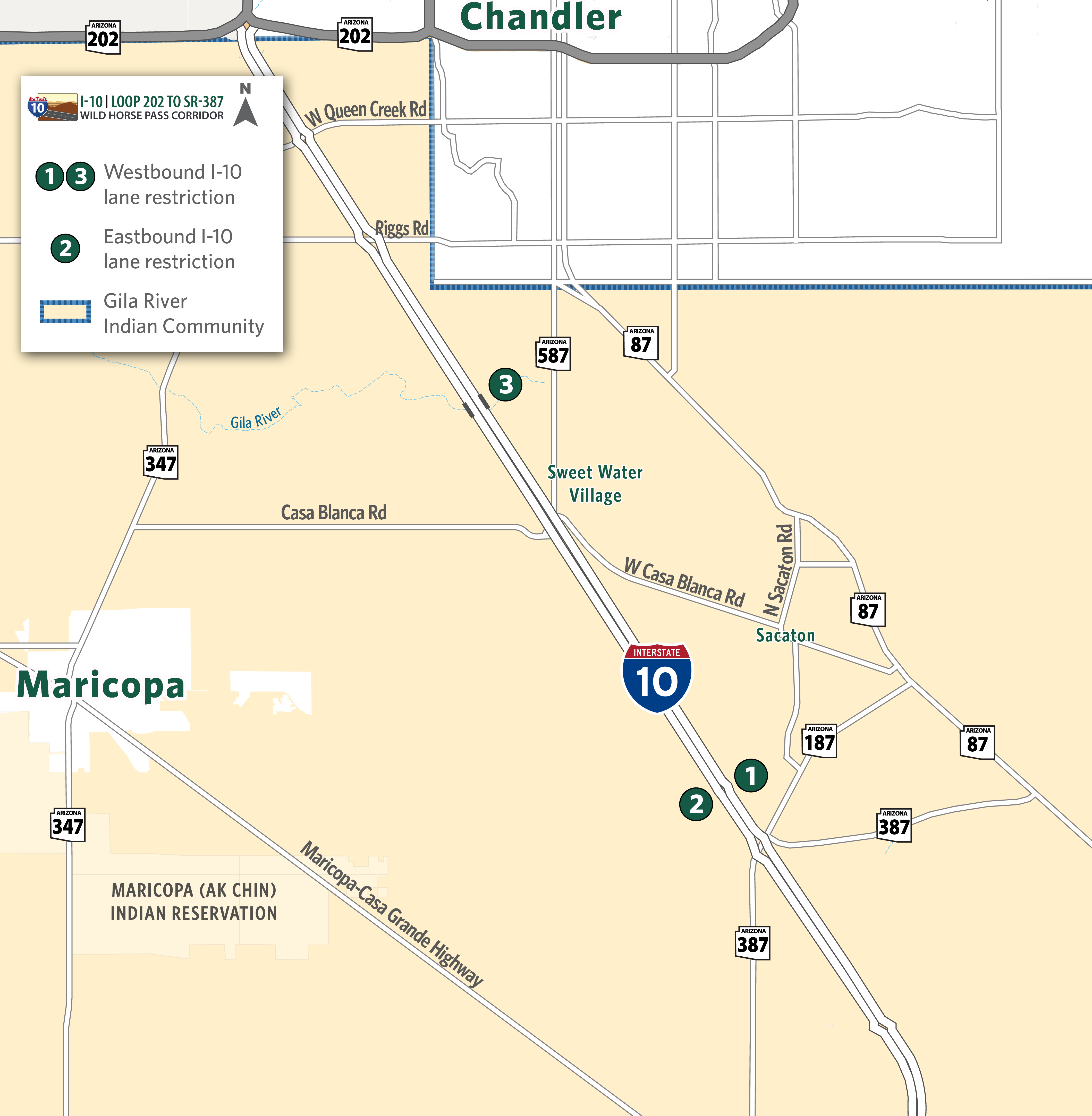 Map identifying I-10 eastbound and westbound lane restrictions between SR 387 and the Gila River Bridge
