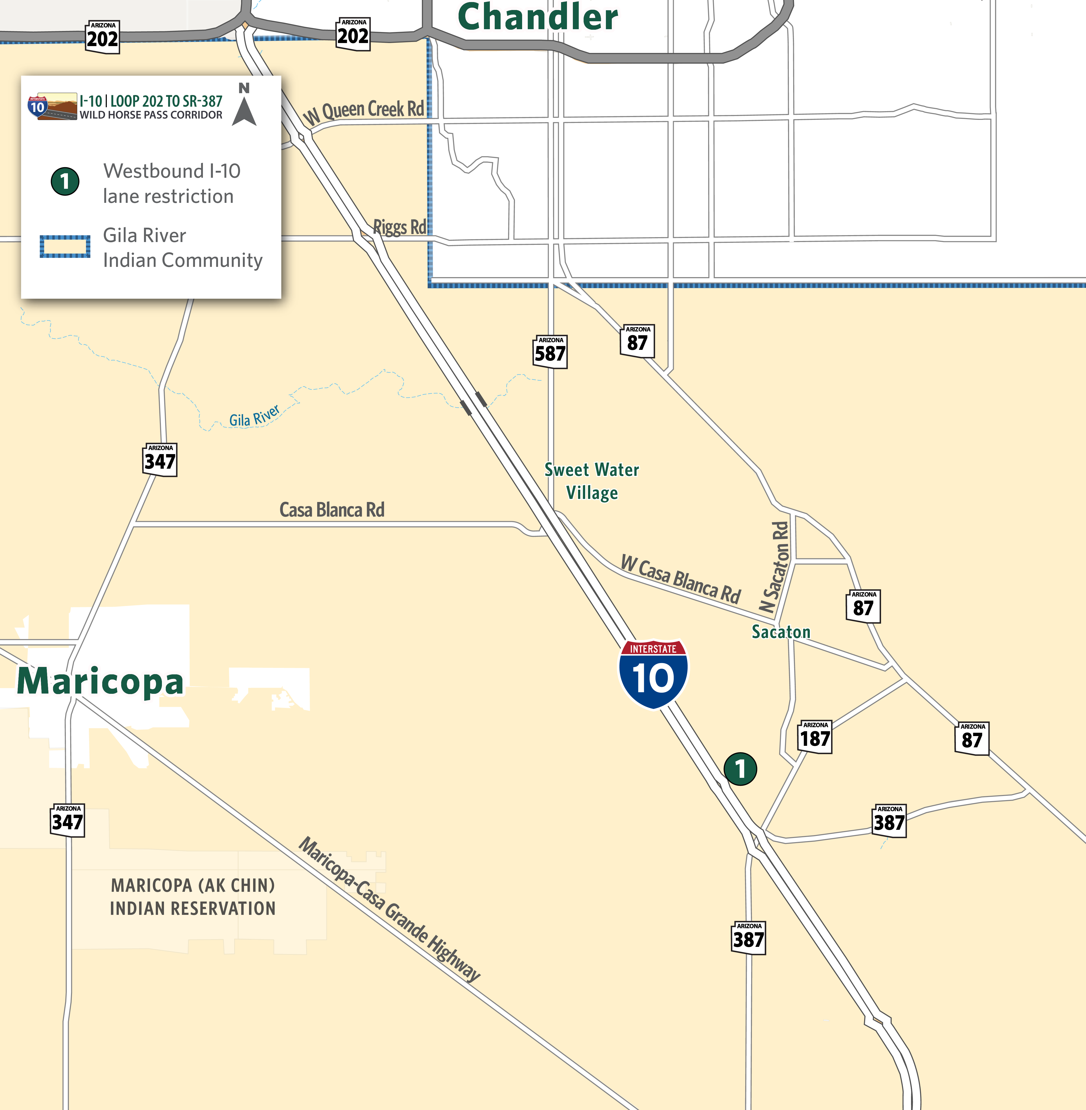 Map identifying I-10 westbound lane restriction between SR 387 and Gas Line Road.  