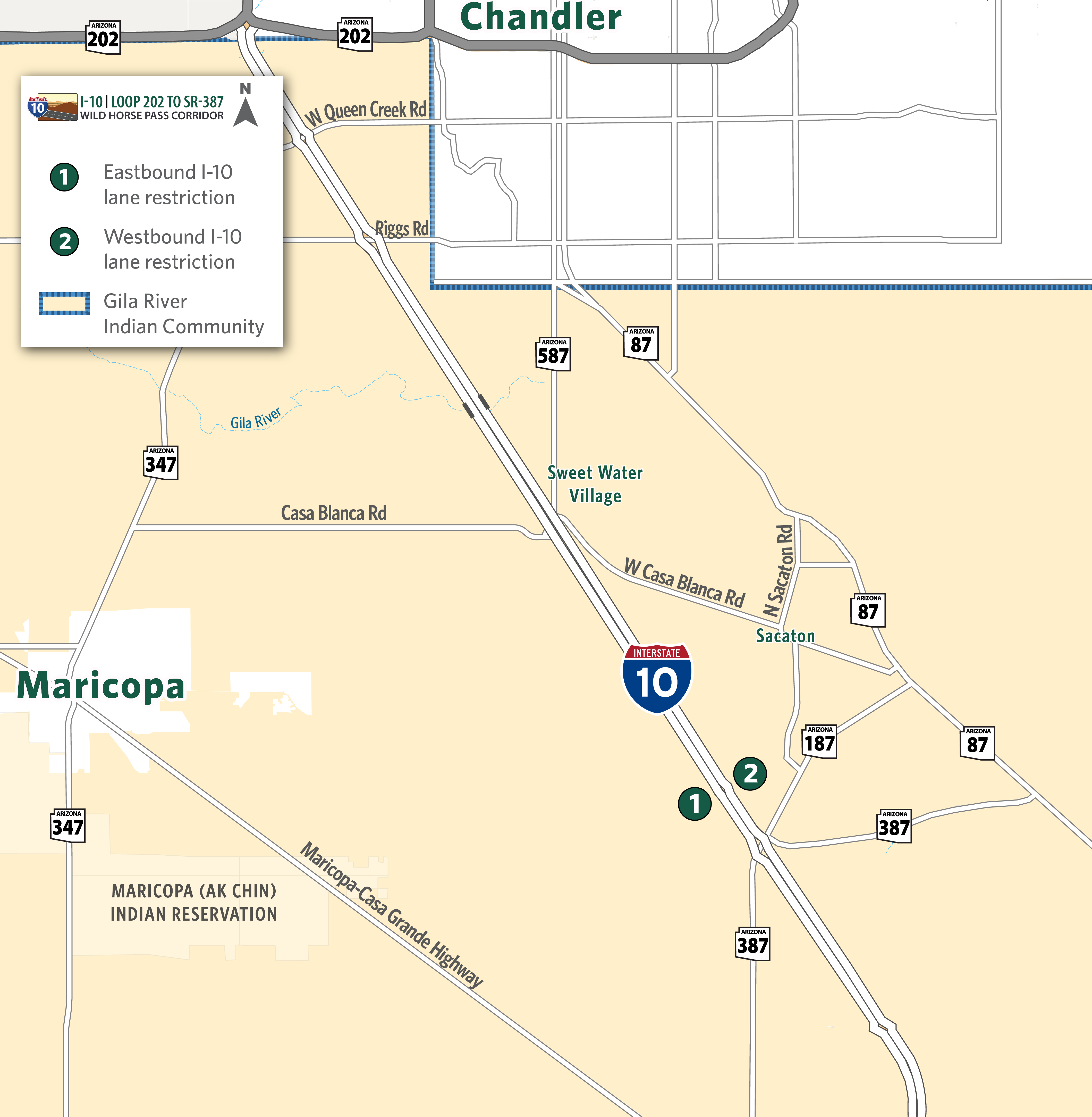 Alt text for image Map identifying I-10 eastbound and westbound lane restrictions near Dirk Lay Road.